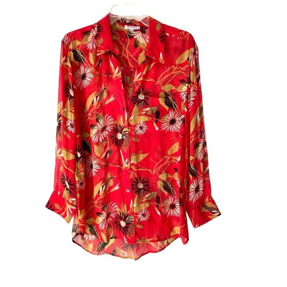 Equipment Daddy Floral Red Silk Sheer Button Down Blouse size Large - Picture 3 of 7